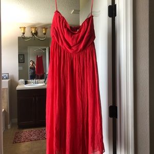 Strapless coral flowy dress